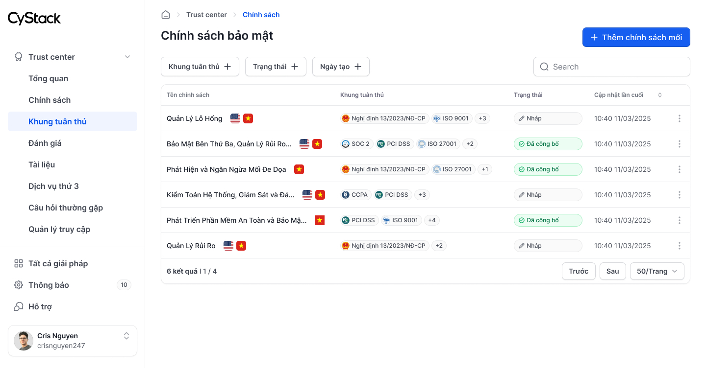trust center quản lý chính sách bảo mật