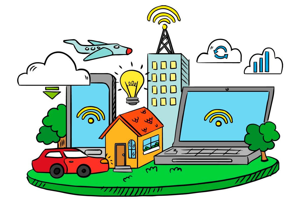 Một bức tranh vẽ tay minh họa hệ sinh thái kết nối bao gồm smartphone, laptop, nhà thông minh,... được bảo vệ bởi mã hoá bất đối xứng