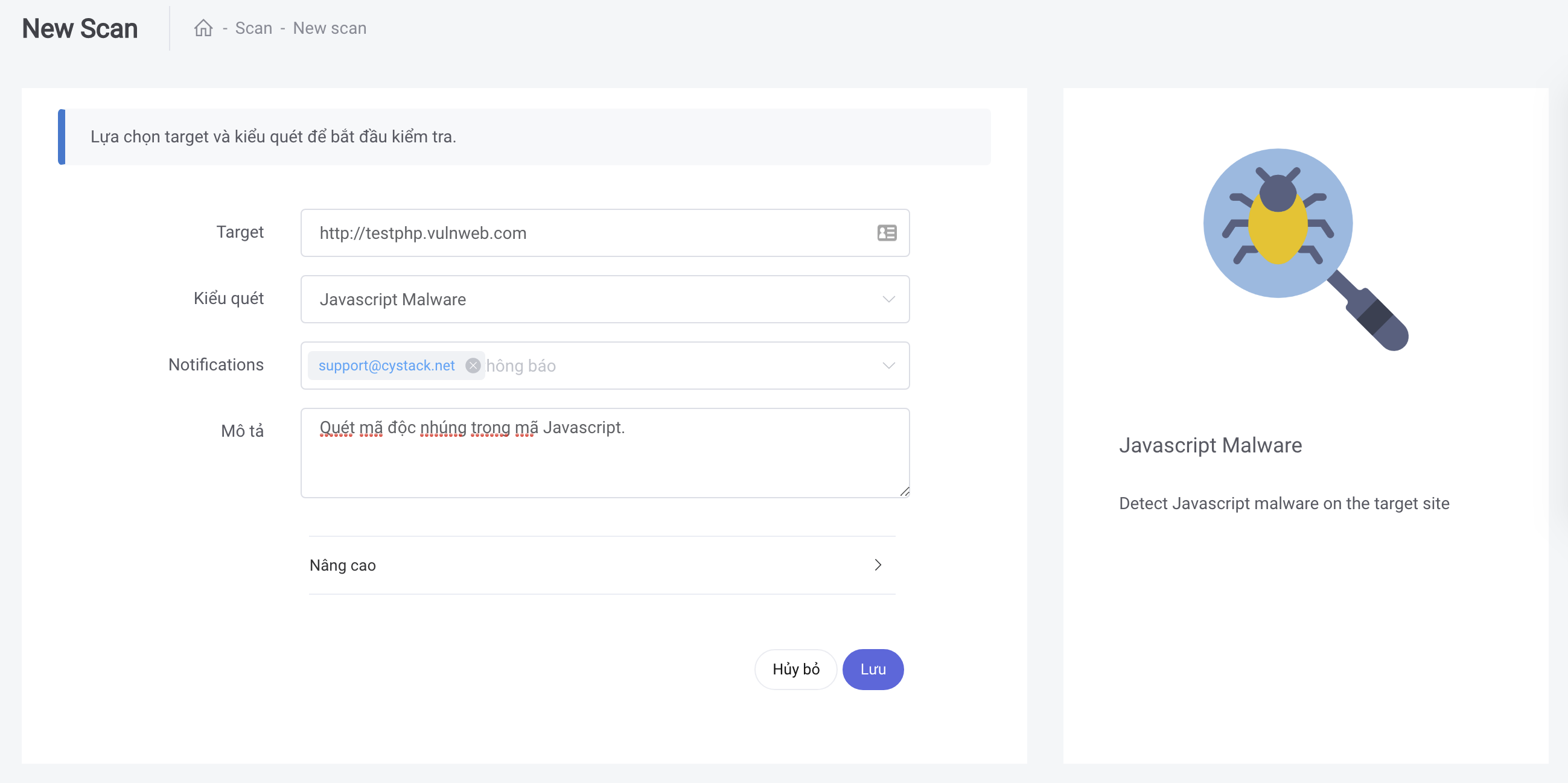 Giao diện quét mã độc và lỗ hổng của CyStack Platform