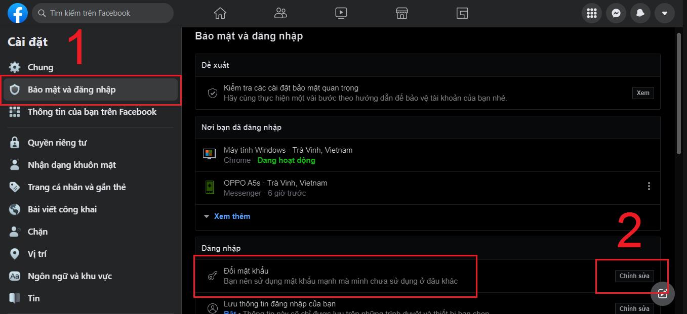 cách đổi mật khẩu facebook trên may tinh