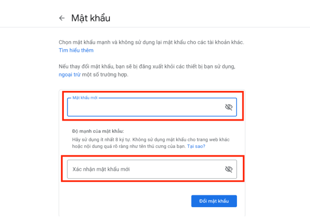 chọn mật khẩu mới để đổi mật khẩu gmail