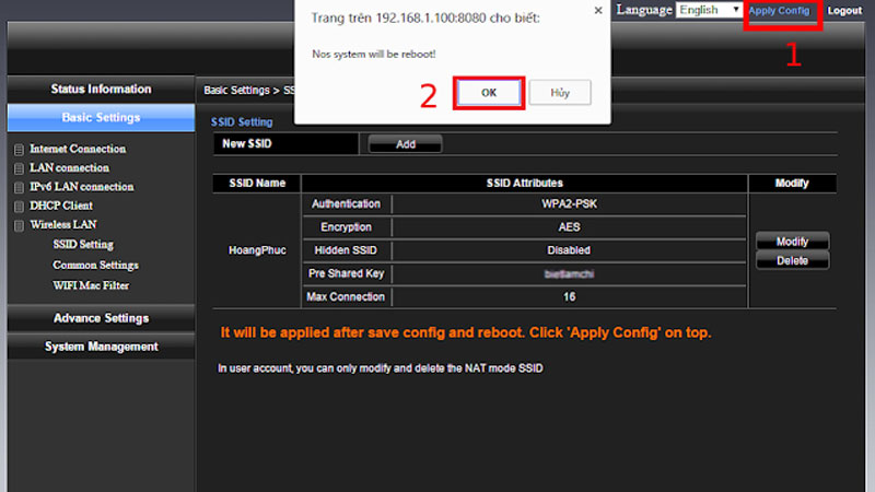 Chọn tab Apply Config và nhấn Ok để hoàn thành việc đổi mật khẩu wifi
