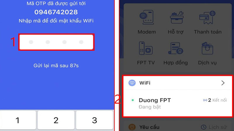 Nhập mã xác nhận OTP để tiếp tục đổi mật khẩu wifi