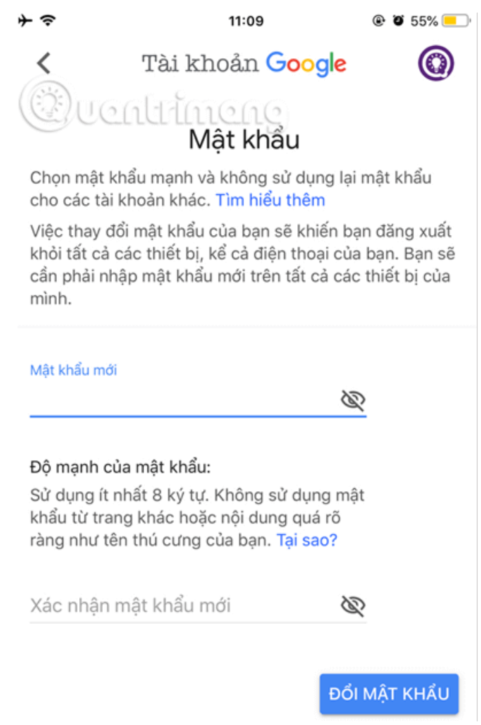 hoàn tất đổi mật khẩu gmail