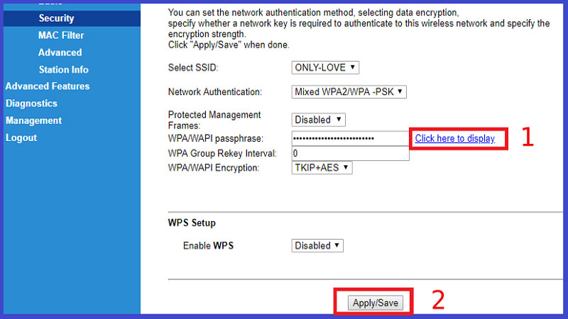 Nhấn Apply/Save để lưu và hoàn tất quá trình đổi mật khẩu wifi của VNPT.