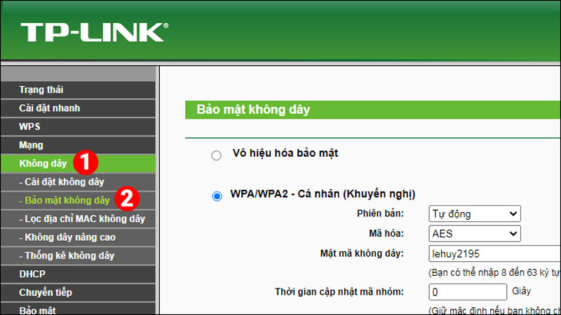 Chọn các mục Không dây và Bảo mật không dây để tiếp tục đổi mật khẩu wifi