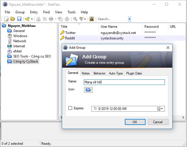Phần mềm quản lý mật khẩu cá nhân Keepass. Ảnh: CyStack