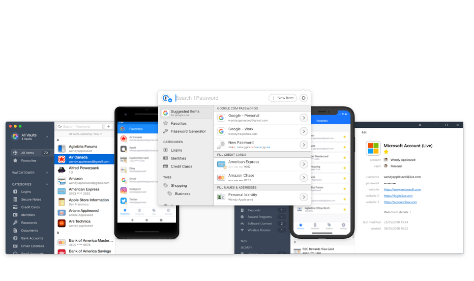 Several desktop and mobile apps of a program called 1password manager
