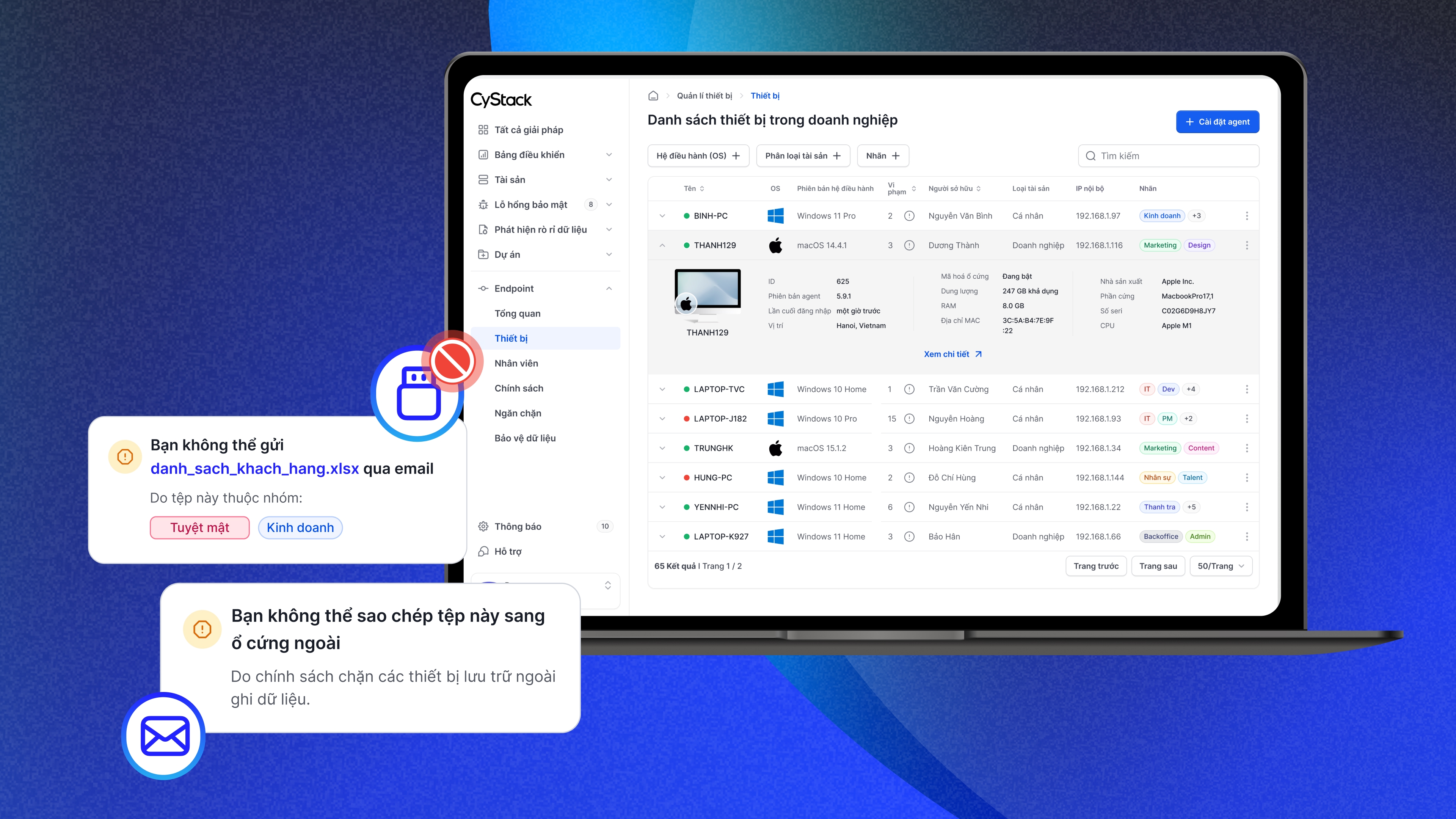 Màn hình CyStack Endpoint cùng các tính năng tương ứng