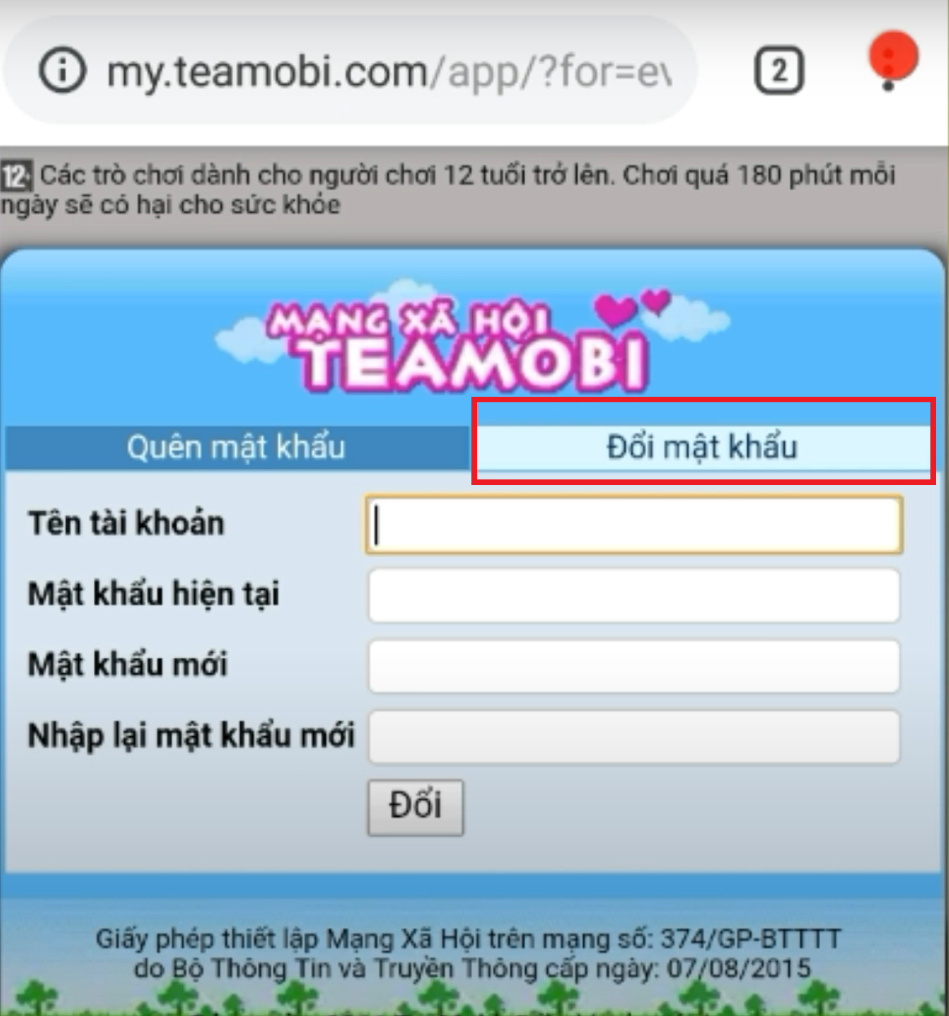 Đăng nhập vô Teamobi nhằm thay đổi mật khẩu đăng nhập Avatar