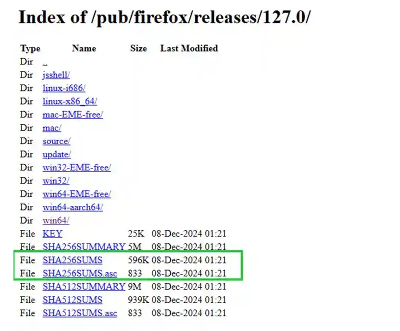 Ví dụ về hàm băm mật mã khi tải Firefox