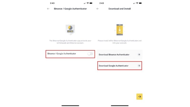 Nhấn bật Binance/Google Authenticator và chọn tải ứng dụng Google Authenticator