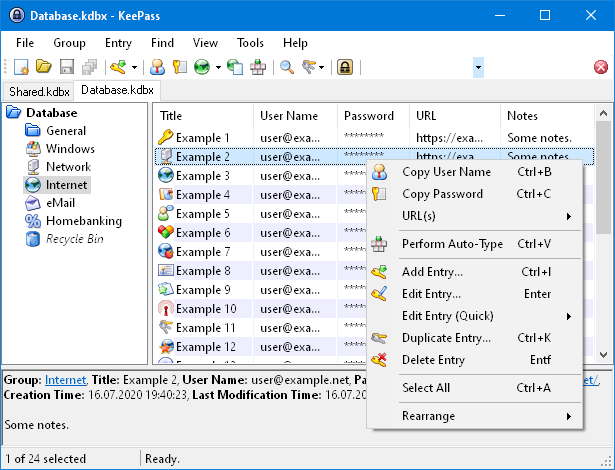 A program opening a database with several fields and entries