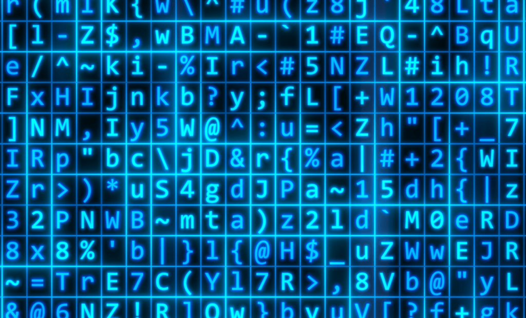 Màn hình xanh hiển thị dày đặc các dòng ký tự ngẫu nhiên đại diện cho văn bản đã được mã hóa