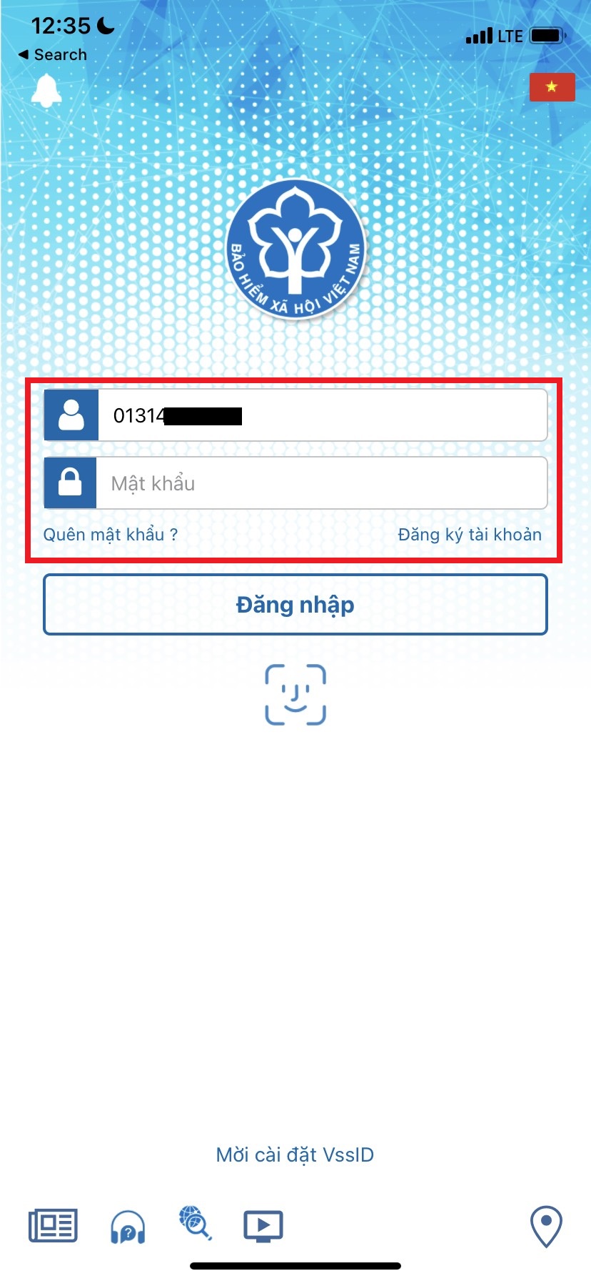 Nhập thông tin đăng nhập vào ứng dụng VssID