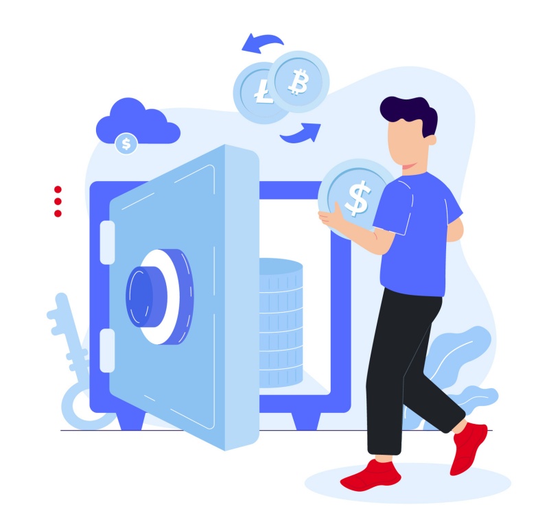 An illustration of a person storing their cryptocurrency in a vault