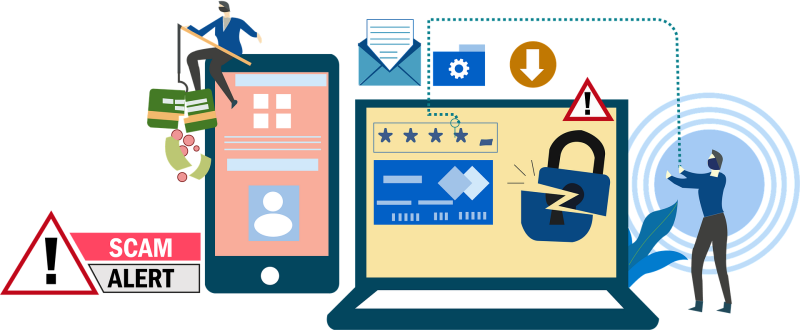 An illustration showing hackers stealing data from computers and phones