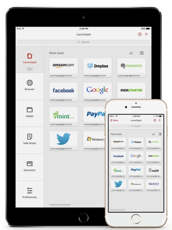 The password manager McAfee True Key on a smartphone and a tablet