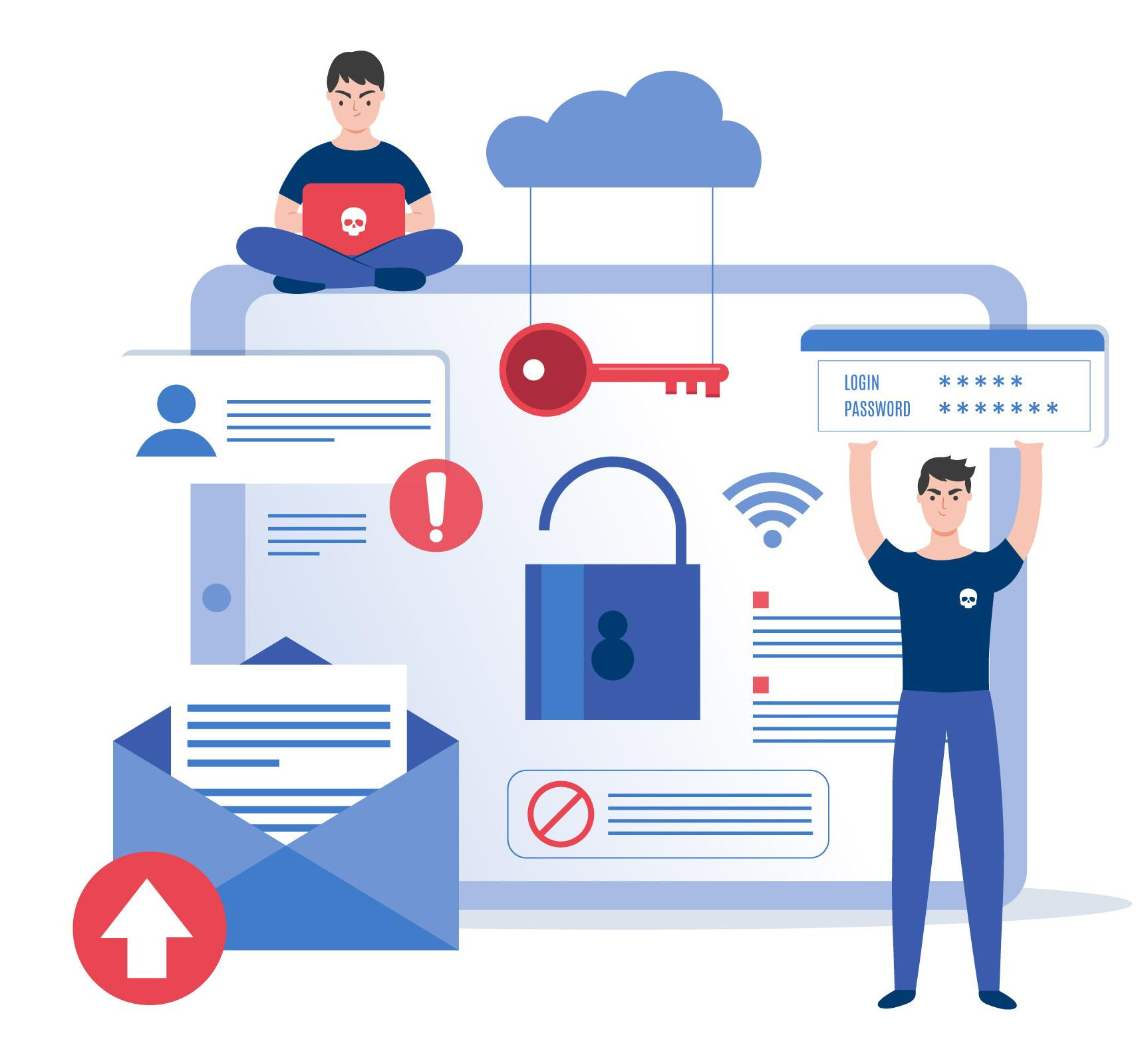 Hình minh họa về bảo vệ dữ liệu, hiển thị các yếu tố như wifi, mật khẩu, chìa khóa và ổ khóa lớn.