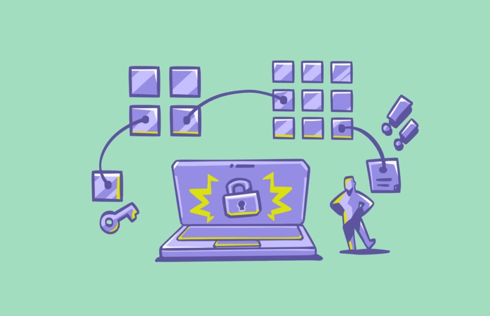 Hình minh họa về quy trình mã hóa trên máy tính, với biểu tượng ổ khóa trên màn hình được kết nối với các khối dữ liệu và chìa khóa bảo mật.