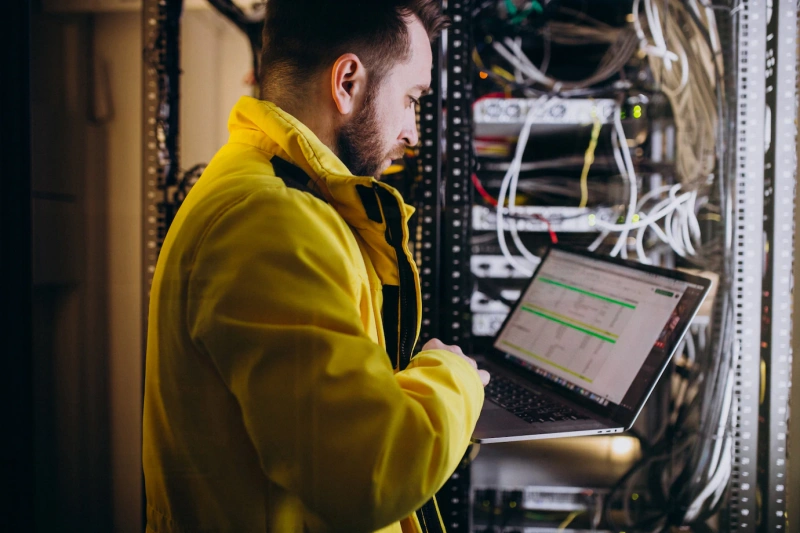 An engineer looking at his laptop while standing in front of a server rack