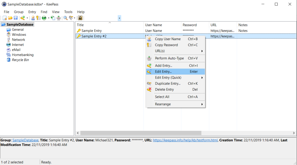 The main window of the password manager KeePass