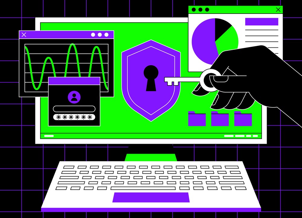 Đồ họa trừu tượng về việc mã hóa với một bàn tay cầm chìa khóa trước một máy tính hiển thị các biểu đồ dữ liệu, khung đăng nhập mật khẩu.