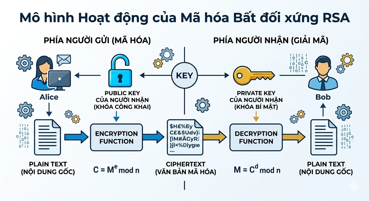 Sơ đồ minh họa nguyên lý hoạt động của RSA, phân biệt rõ vai trò Public Key và Private Key.