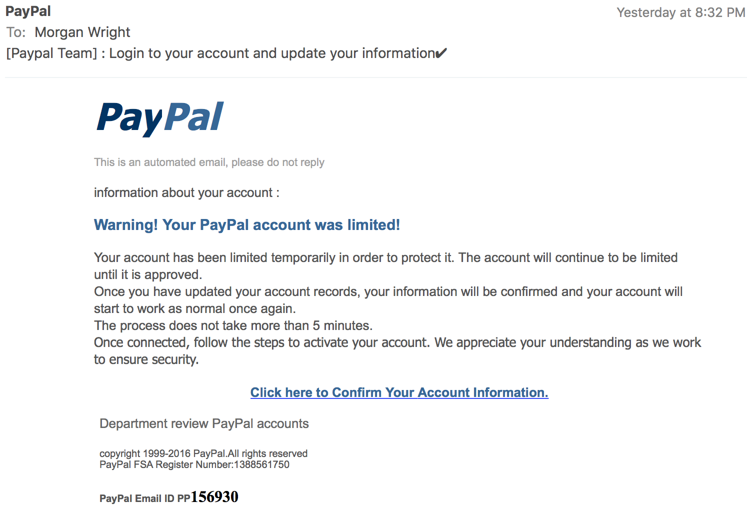 Hình ảnh 2. Ví dụ về email giả mạo từ Paypal